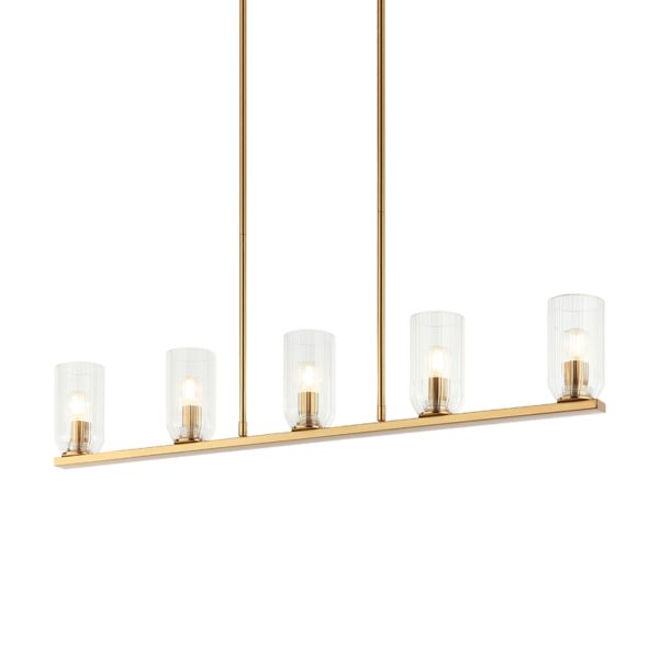 Matteo Lighting Westlock chandelier in Aged Gold Brass with clear ribbed glass