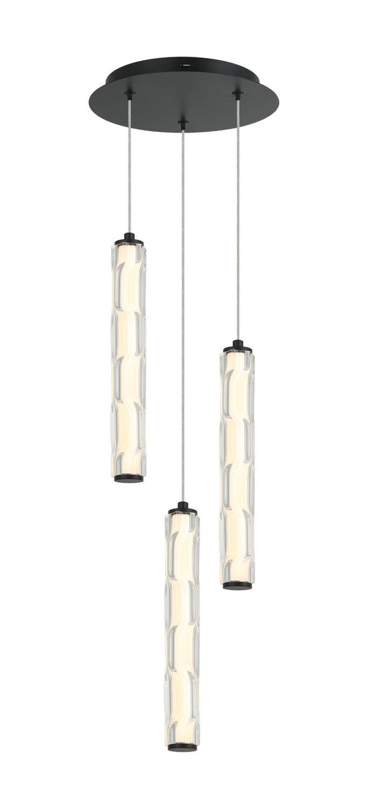 Matteo Lighting Ripley C31803MB three-light LED pendant in Matte Black with textured glass