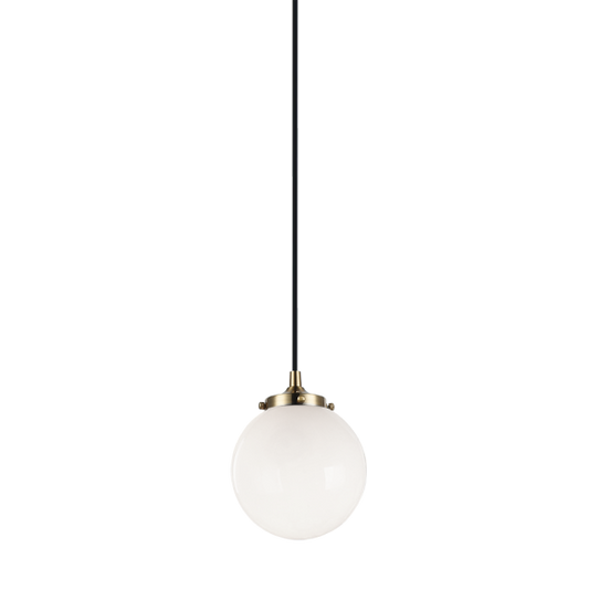 Matteo Lighting The Bougie C63001AGOP pendant in Aged Gold Brass with opal glass