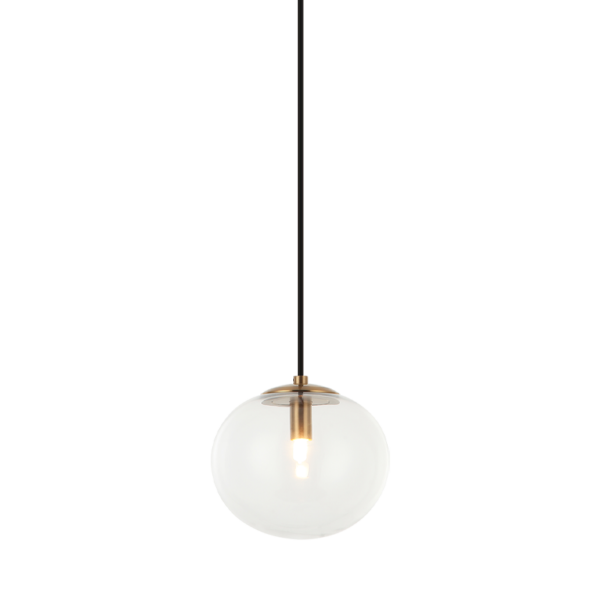 Matteo Lighting Bulbus C38101AG clear glass pendant in Aged Gold Brass