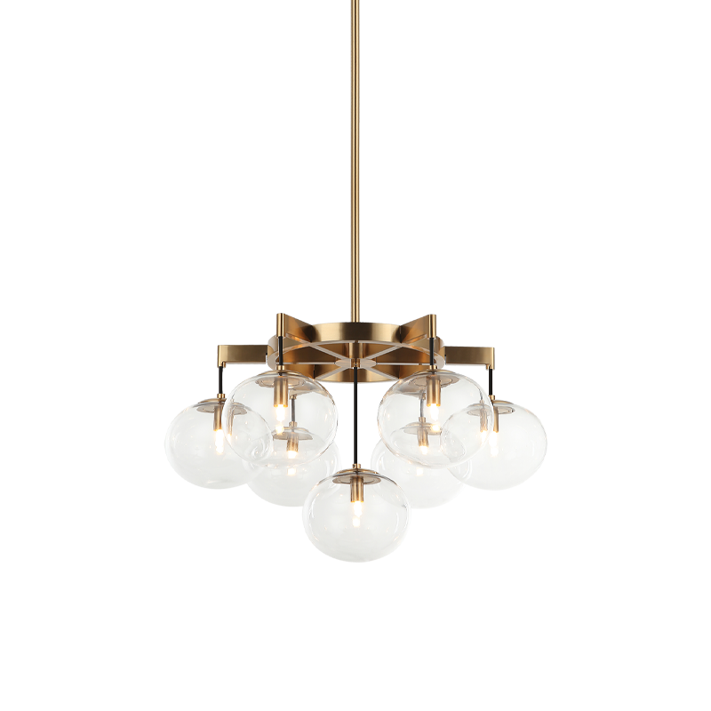 Matteo Lighting Bulbus C38107AG clear glass chandelier in Aged Gold Brass