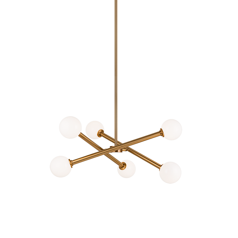 Matteo Lighting Matchstix C64606AGOP chandelier in Aged Gold Brass with opal glass