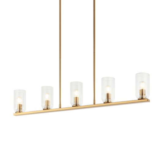 Matteo Lighting Westlock chandelier in Aged Gold Brass with clear ribbed glass