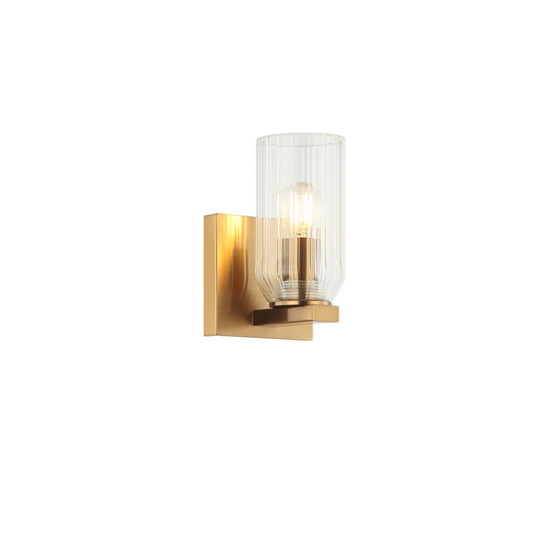 Matteo Lighting Westlock W34001AG wall sconce in Aged Gold Brass with clear ribbed glass